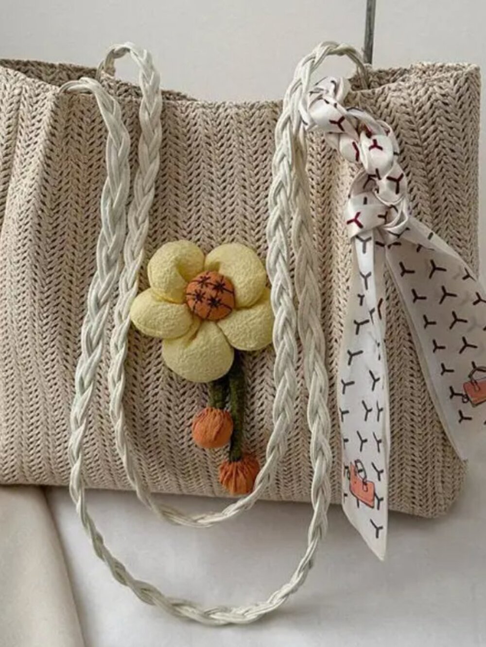 Small Floral Embroidered Straw Tote Bag